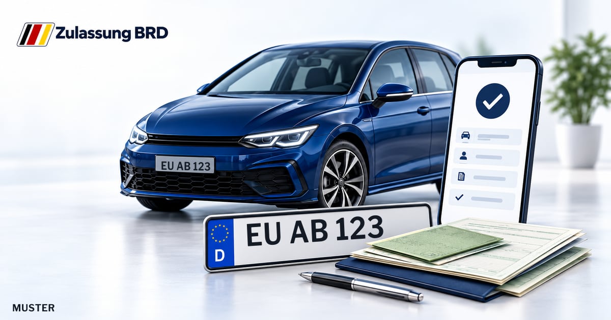 Online Fahrzeugzulassung in Kall: Musterkennzeichen EU AB 123, Auto und Fahrzeugpapiere und Smartphone. Illustration mit Logo von Zulassung BRD.